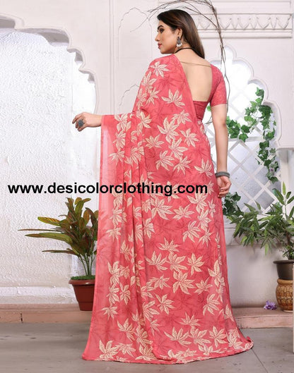 Rose Pink Georgette Floral Printed Saree