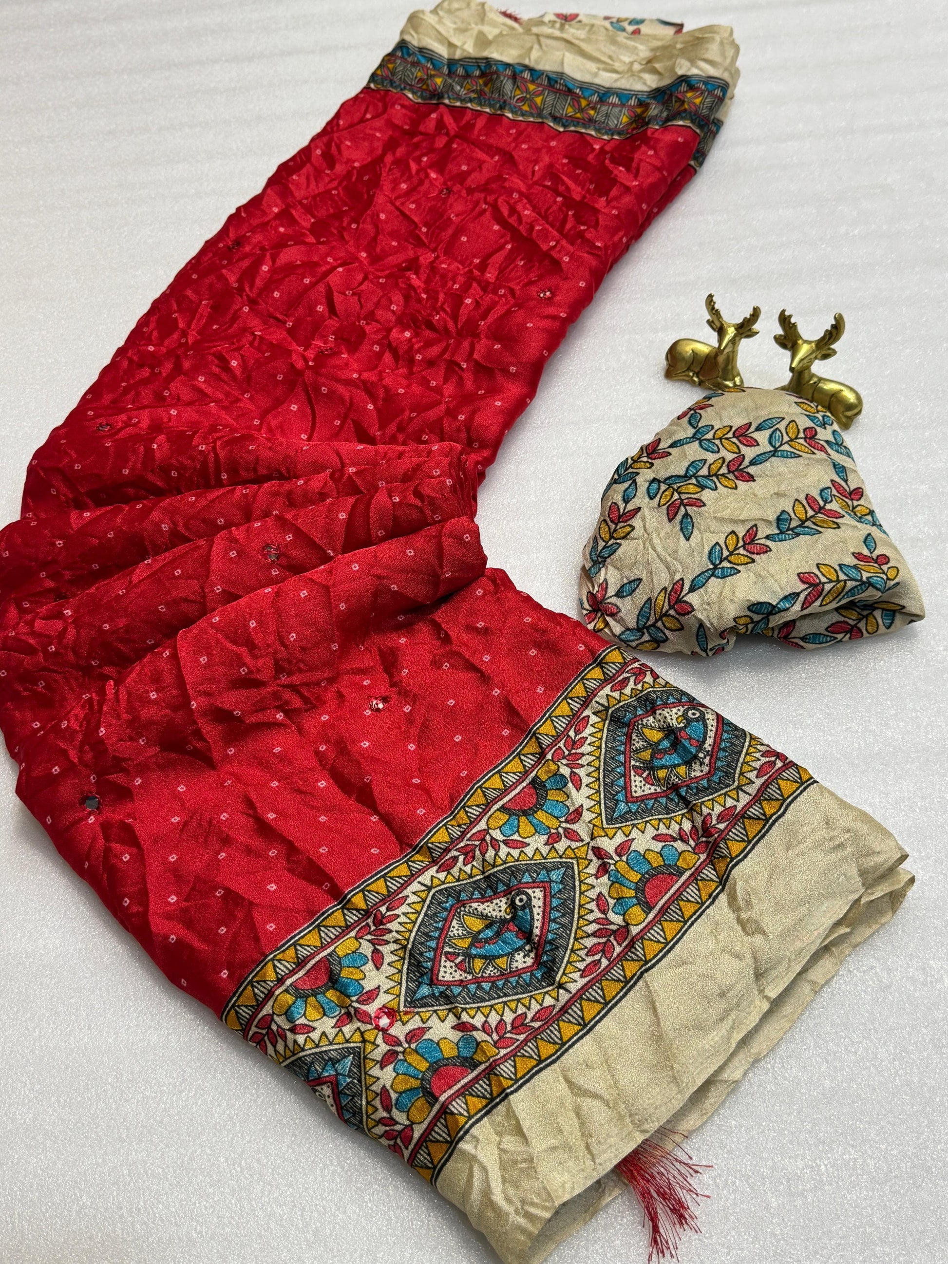 Product Image - Designer Kalamkari Bandhej Saree with Royal Mirror Work