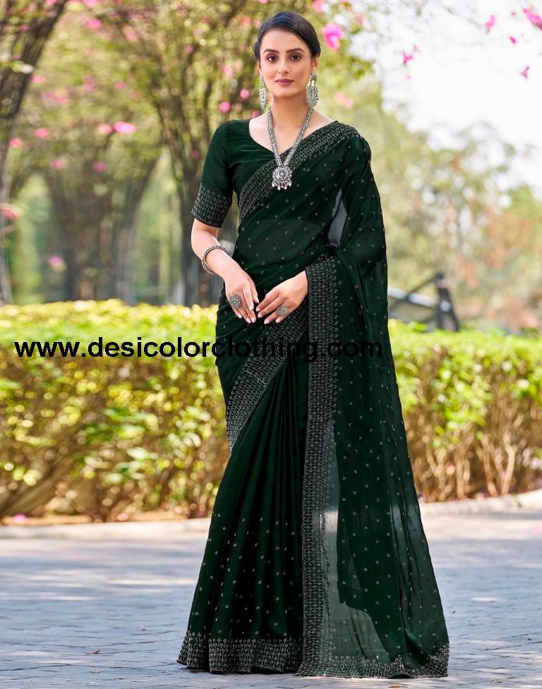 Dark Green Georgette Plain Saree