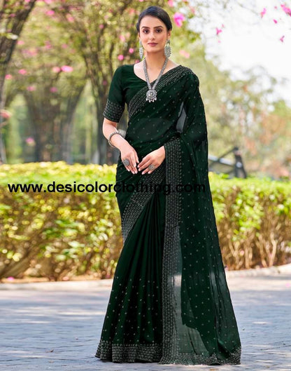 Dark Green Georgette Plain Saree
