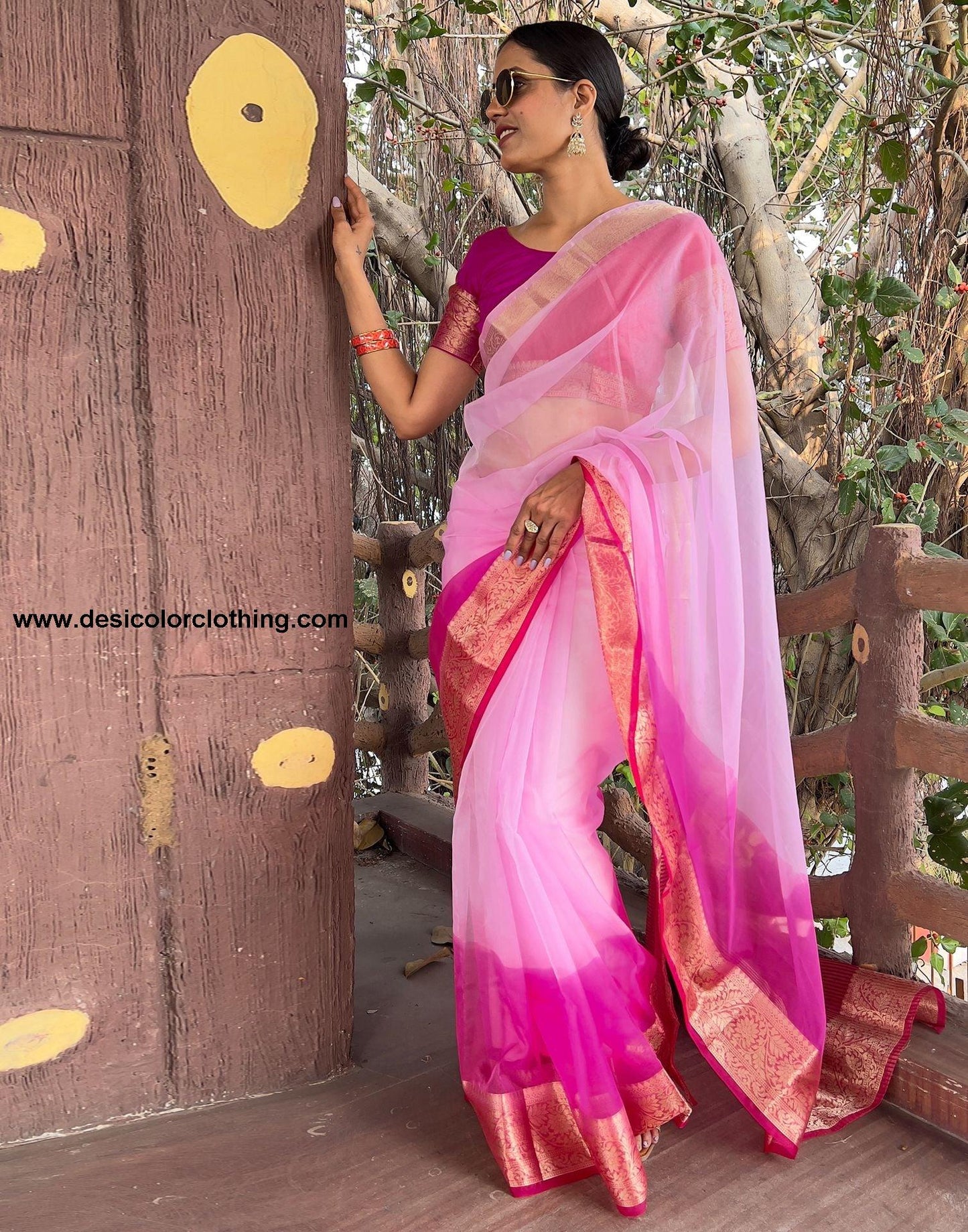 Dark Pink Plain Organza Saree