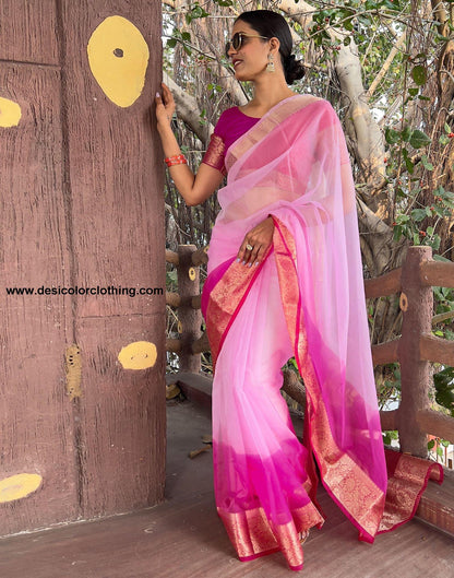 Dark Pink Plain Organza Saree