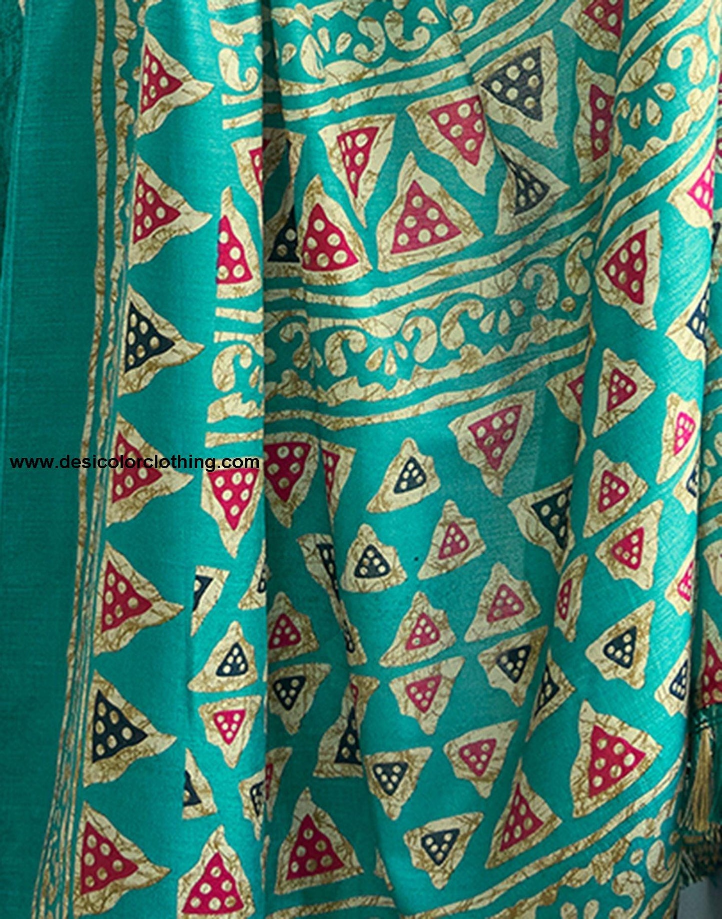 Turquois Printed Silk Saree