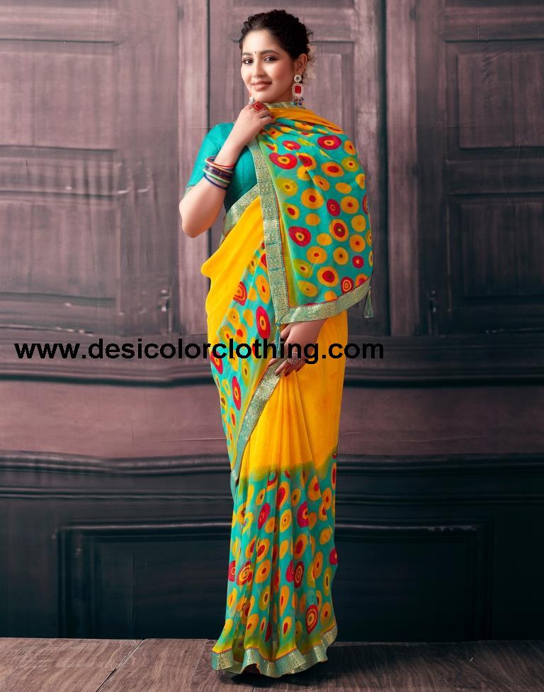 Yellow Georgette Printed Saree