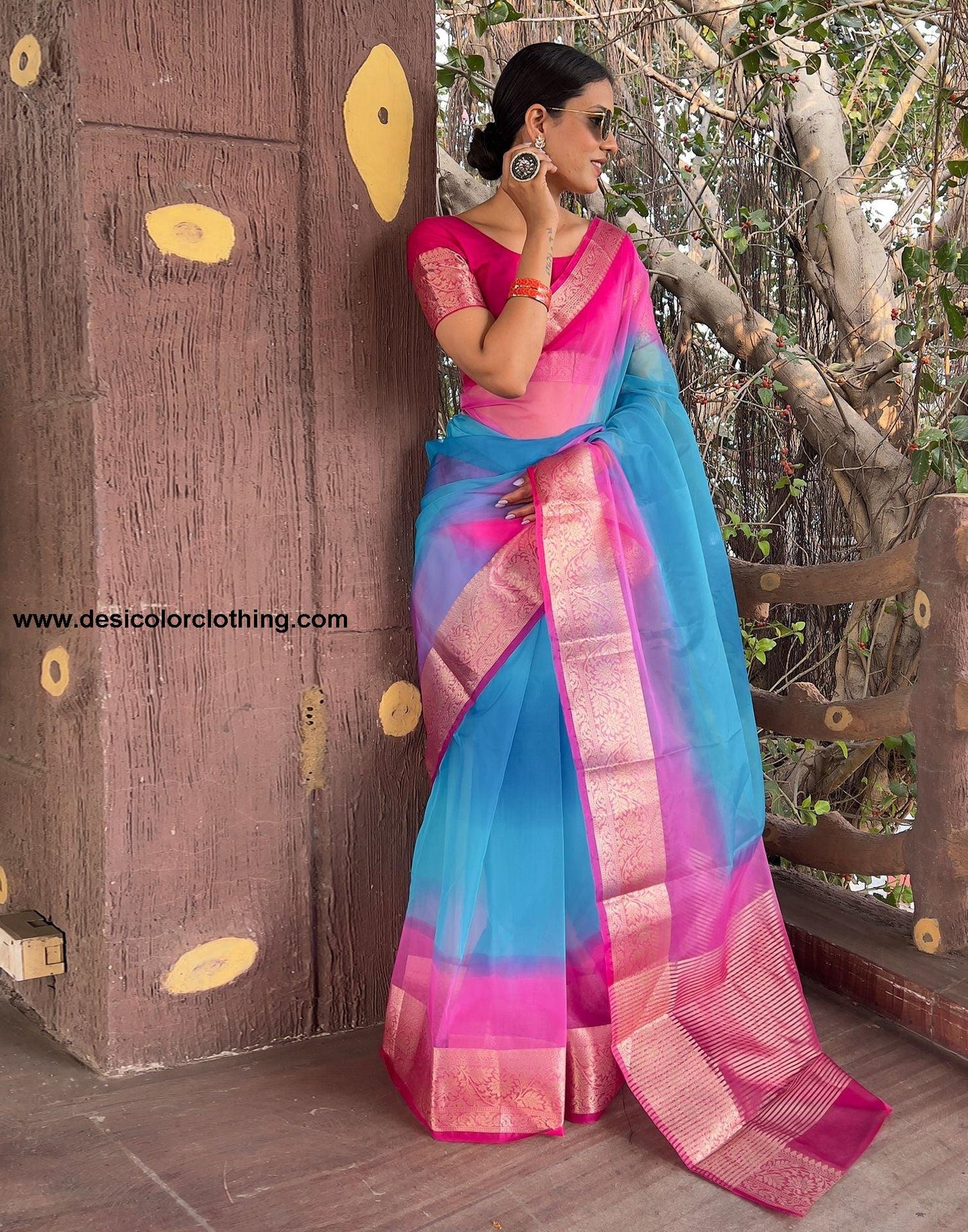 Rani Pink Plain Organza Saree