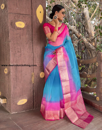 Rani Pink Plain Organza Saree