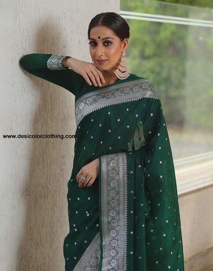 Dark Green Silk Plain Saree