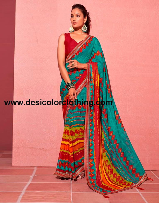 Teal Blue Chiffon Printed Saree