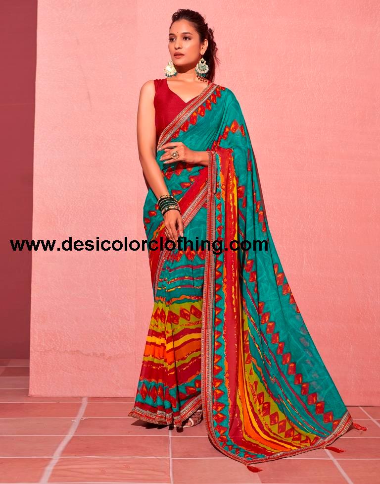 Teal Blue Chiffon Printed Saree