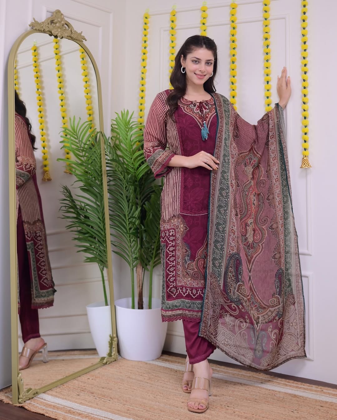 Product Image - Elegant Rajhans Muslin Pakistani Suit - Digital Prints & Hand Embroidery