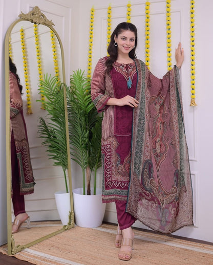 Product Image - Elegant Rajhans Muslin Pakistani Suit - Digital Prints & Hand Embroidery