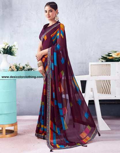 Wine Printed Chiffon Geometric Saree