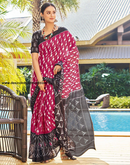 Pink Printed Cotton Pre-Draped Saree