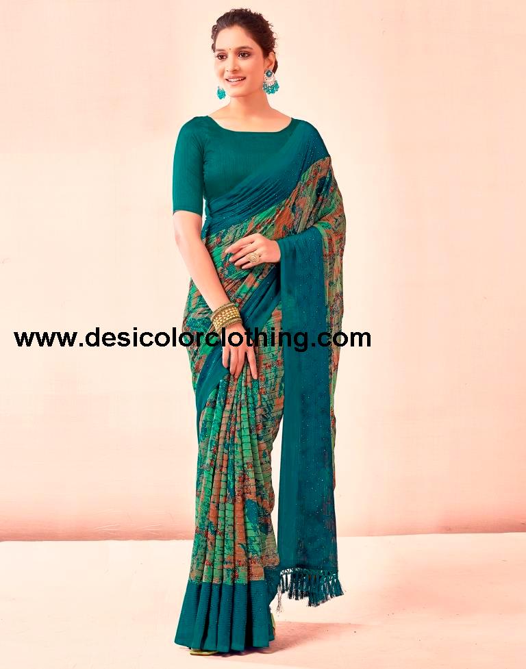 Rama Blue Printed Georgette Saree