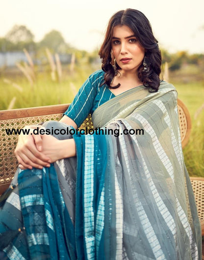 Teal Blue Georgette Plain Saree