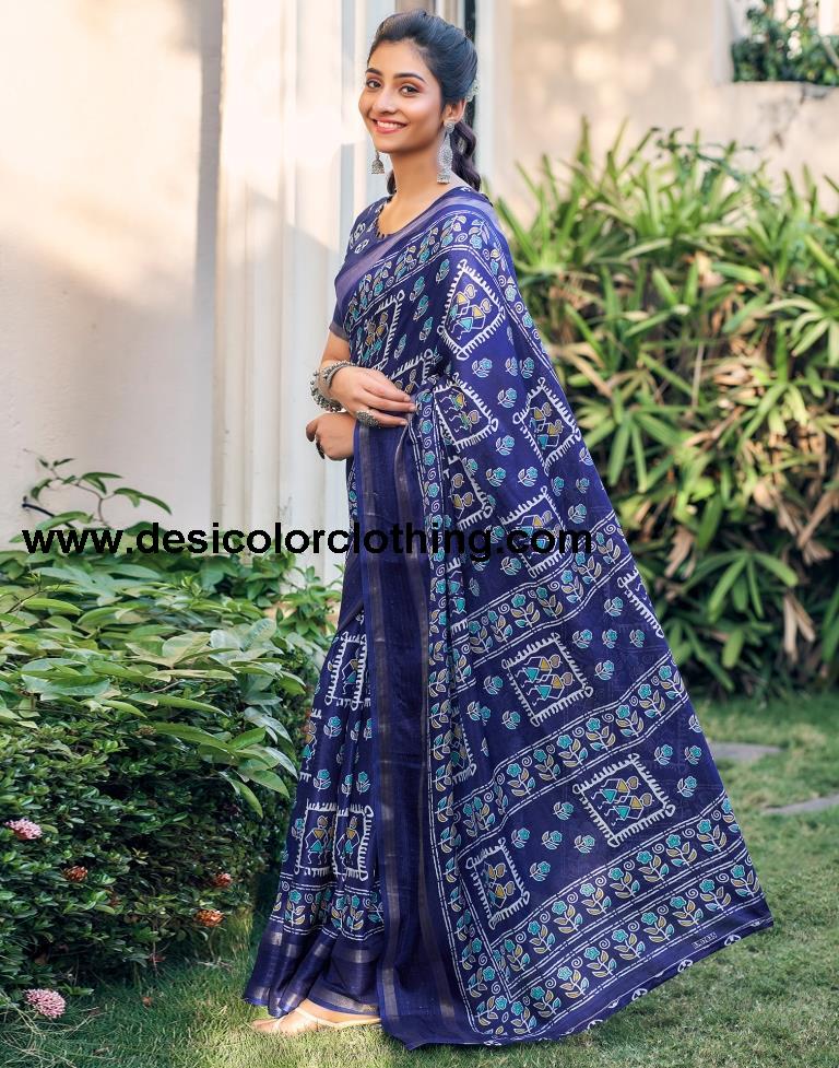 Dark Blue Silk Printed Saree