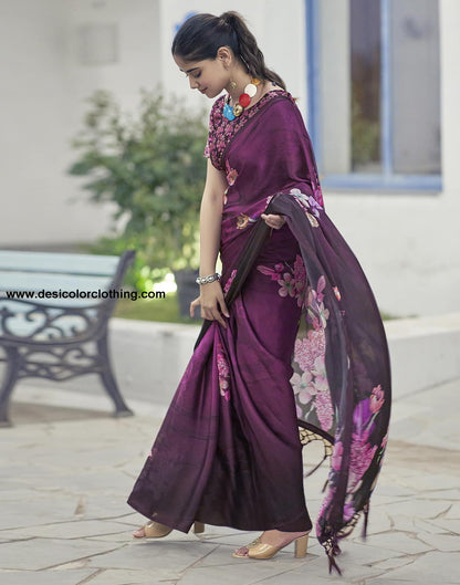 Black Printed Satin Saree