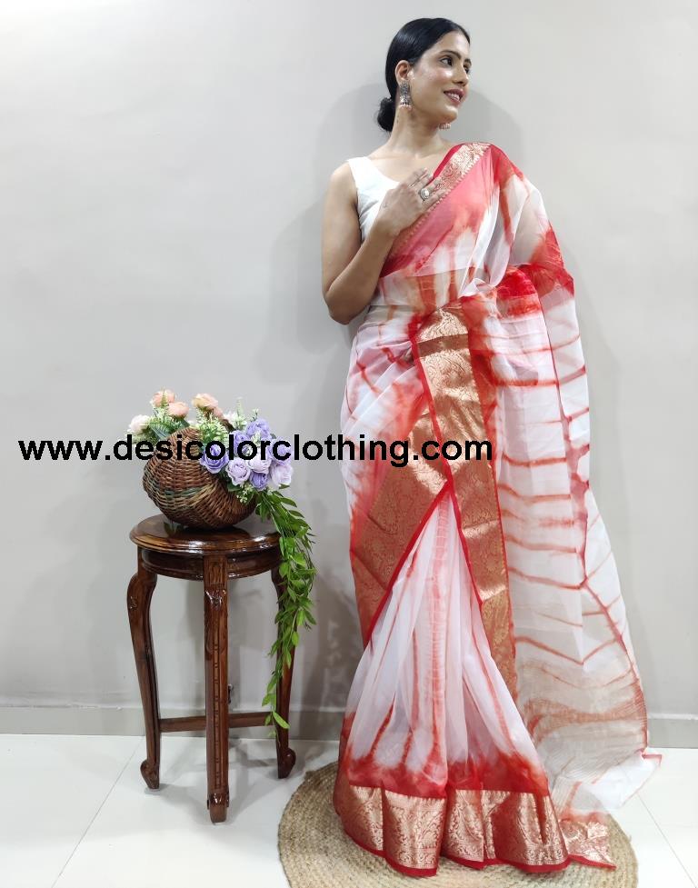 Red Organza Printed Saree