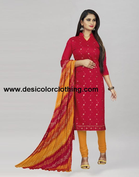 Red Cotton Embroidered Unstitched Salwar Suit