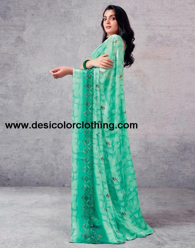 Turquoise Georgette Printed  Saree
