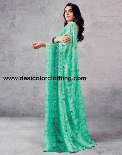Turquoise Georgette Printed  Saree