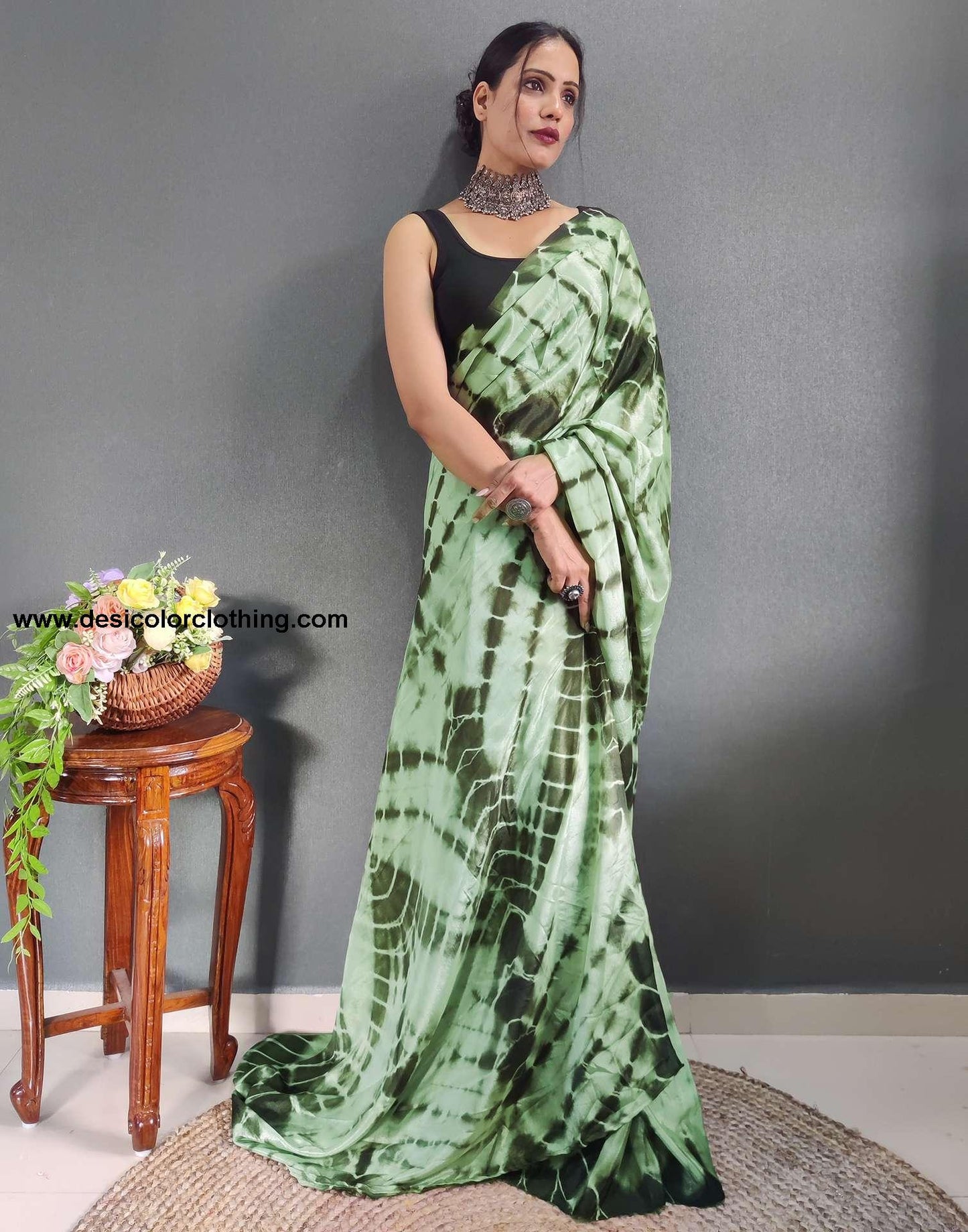 Dull Green Printed Silk Pre-draped Saree