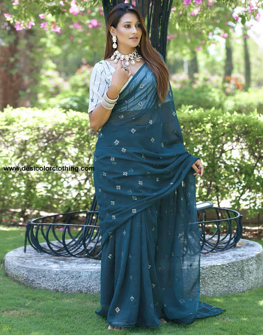 Rama Blue Georgette Sequence Embroidery Saree