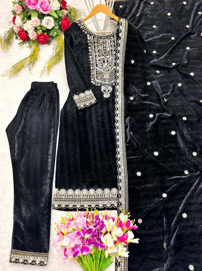 Product Image - Designer Velvet Top-Pant Dupatta Set for Weddings and Festive Wear