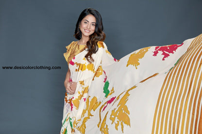 White Coloured silk Satin Printed Saree