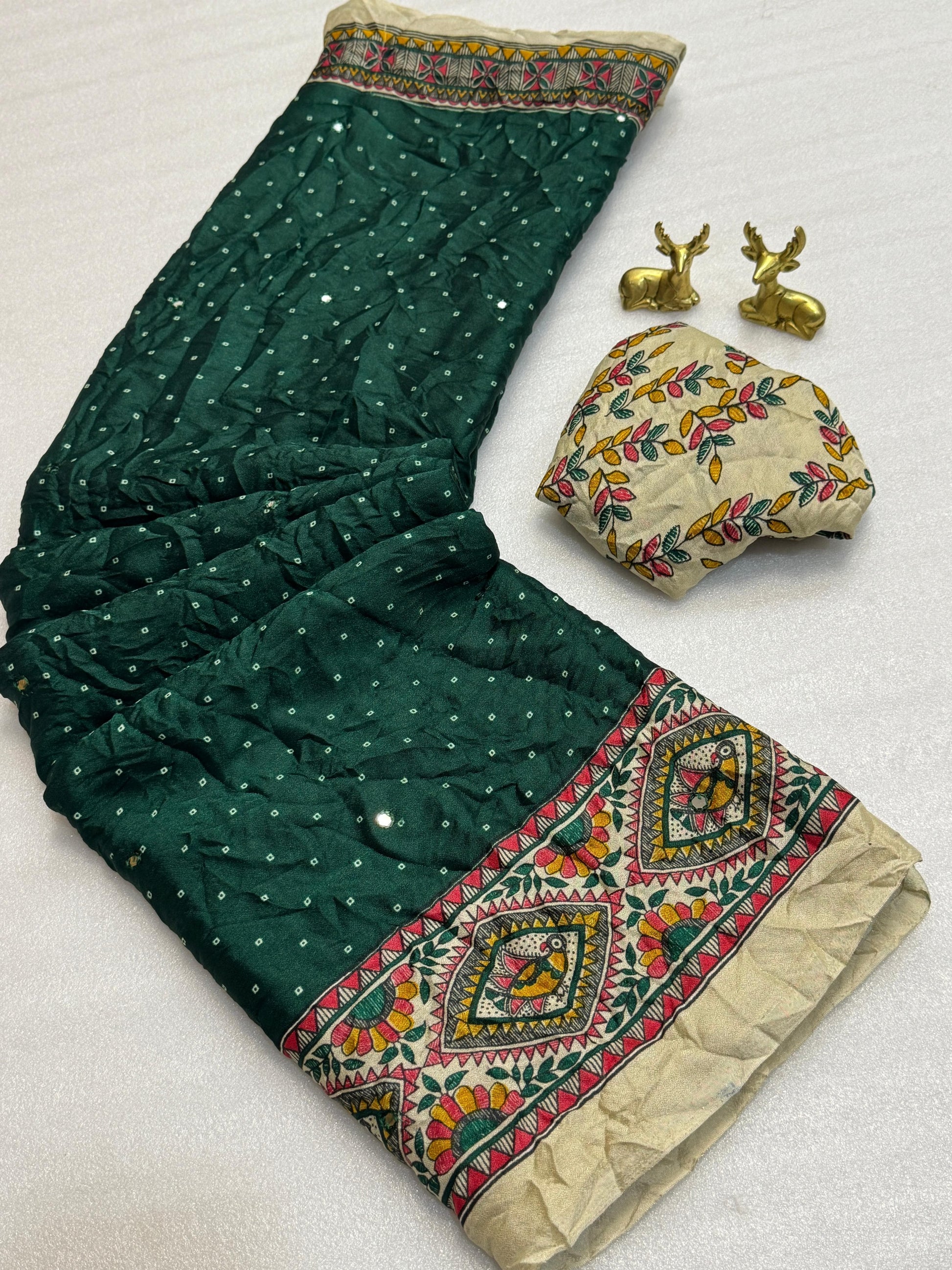 Product Image - Designer Kalamkari Bandhej Saree with Royal Mirror Work