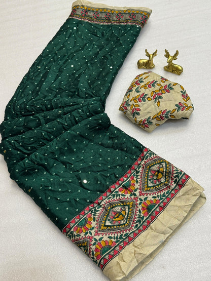 Product Image - Designer Kalamkari Bandhej Saree with Royal Mirror Work