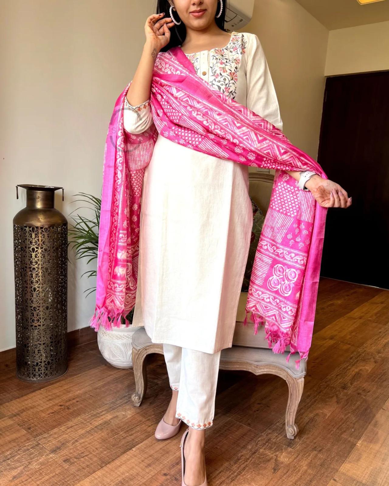 Product Image - Khadi Cotton Embroidery Suit with Khadi Silk Dupatta – Perfect Festive Wear