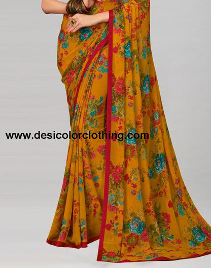 Yellow Printed Georgette Saree