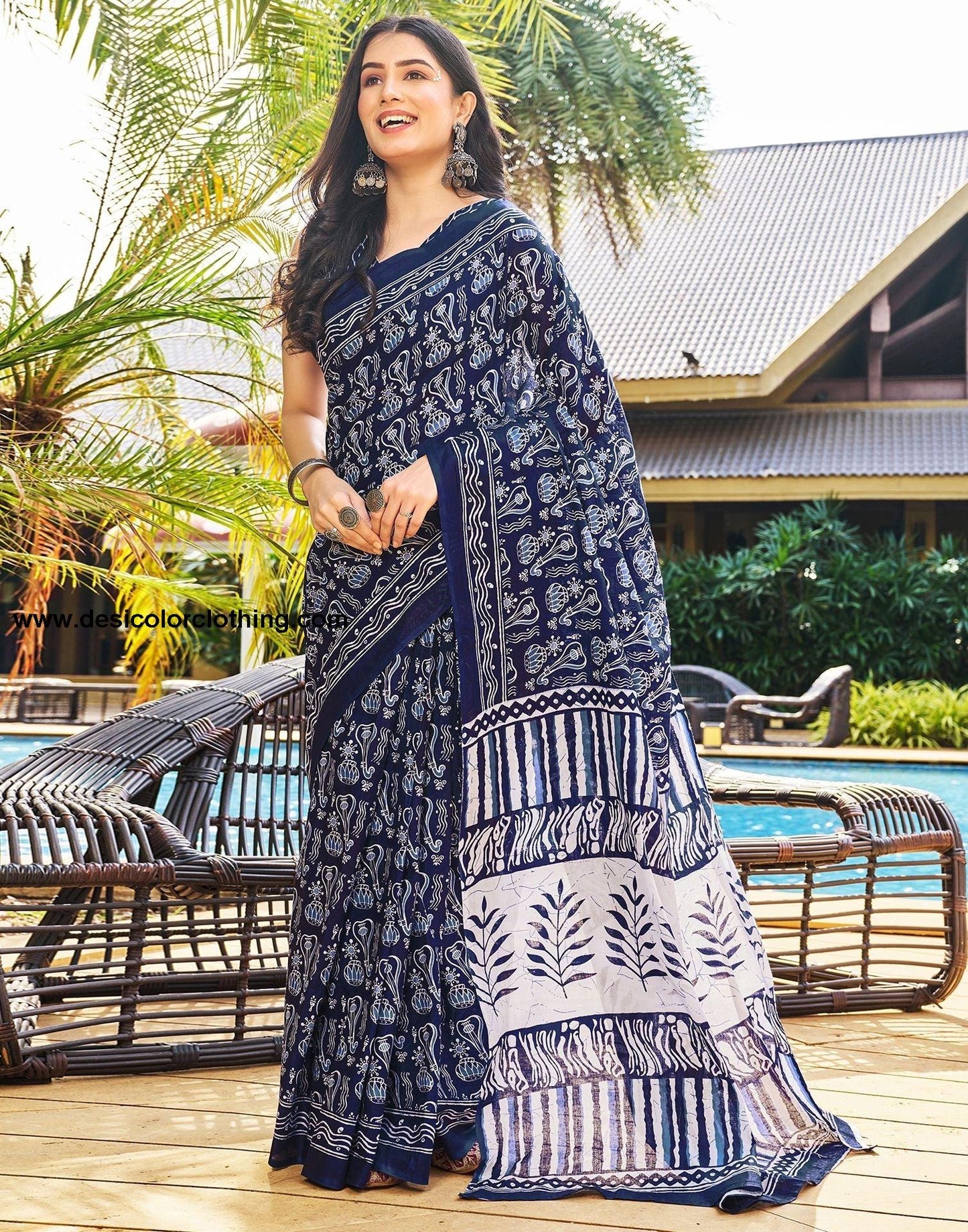 Dark Blue Printed Cotton Pre-Draped Saree