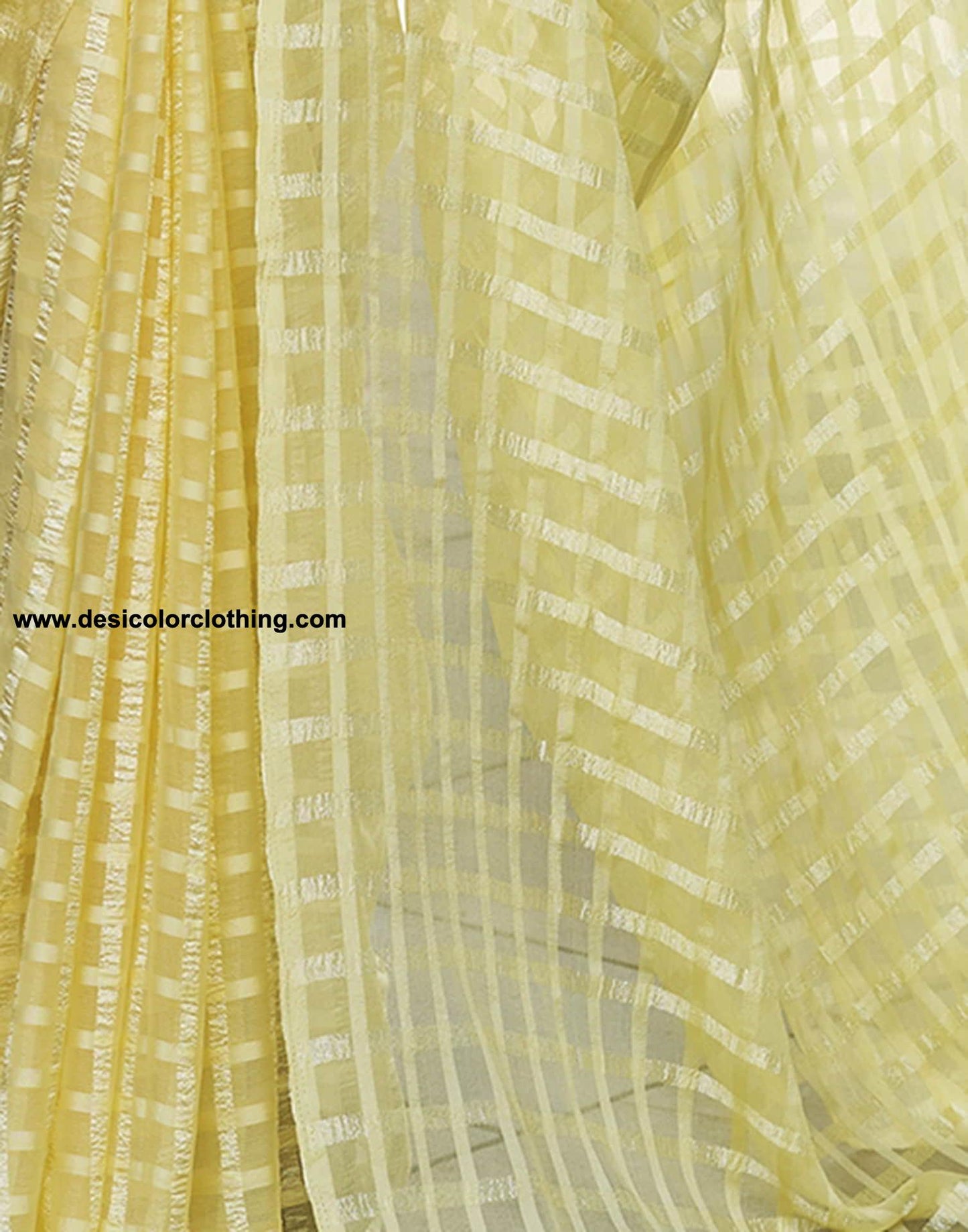 Yellow Checkered Chiffon Woven Saree