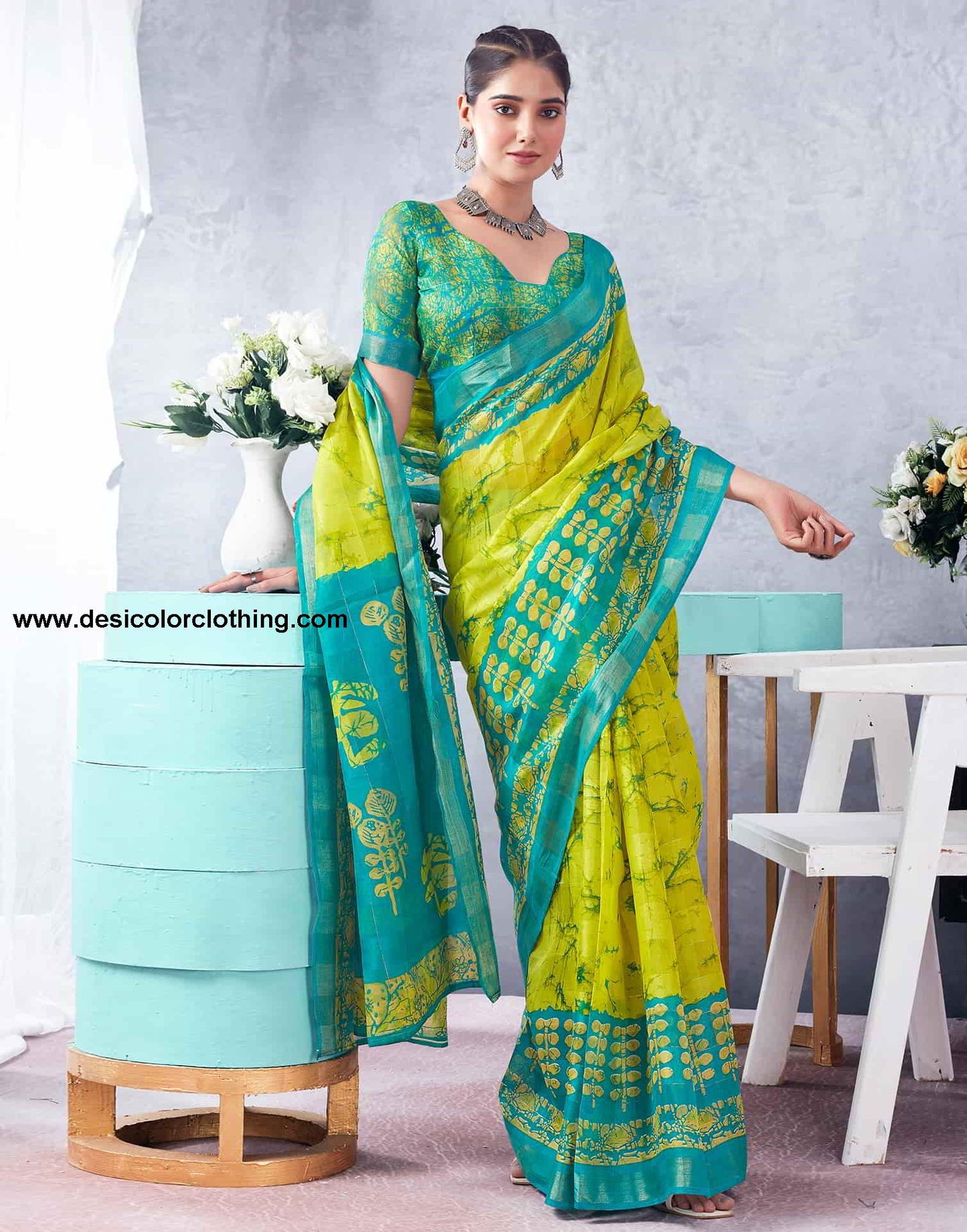 Blue Printed Cotton Zari Stripe Saree