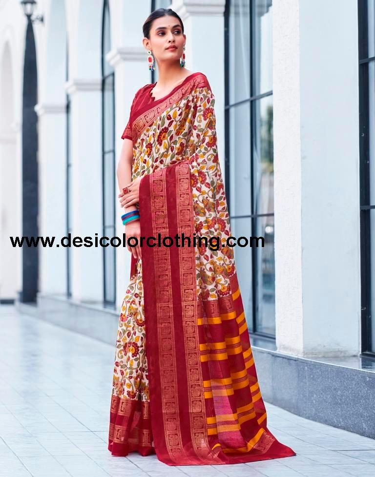 Yellow Cotton Printed Saree