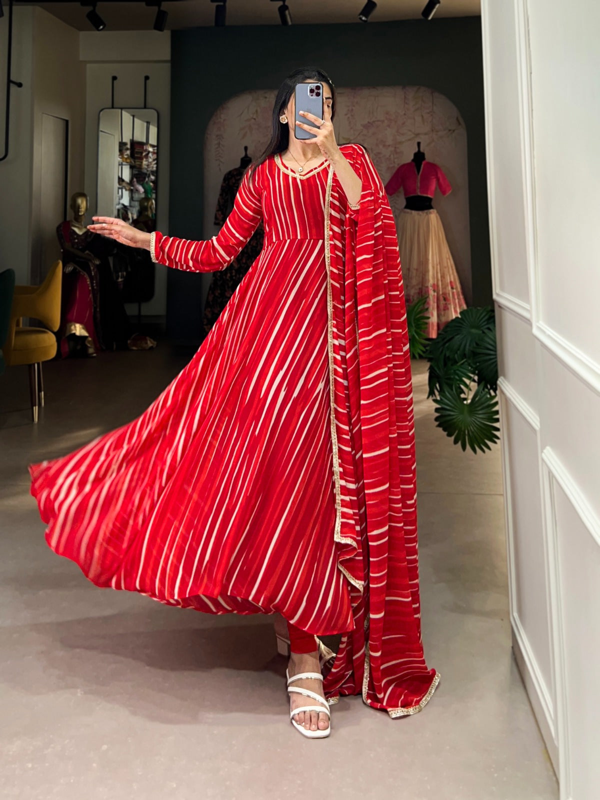 Product Image - Elegant Georgette Gown with Leheriya Print - Festive Wear