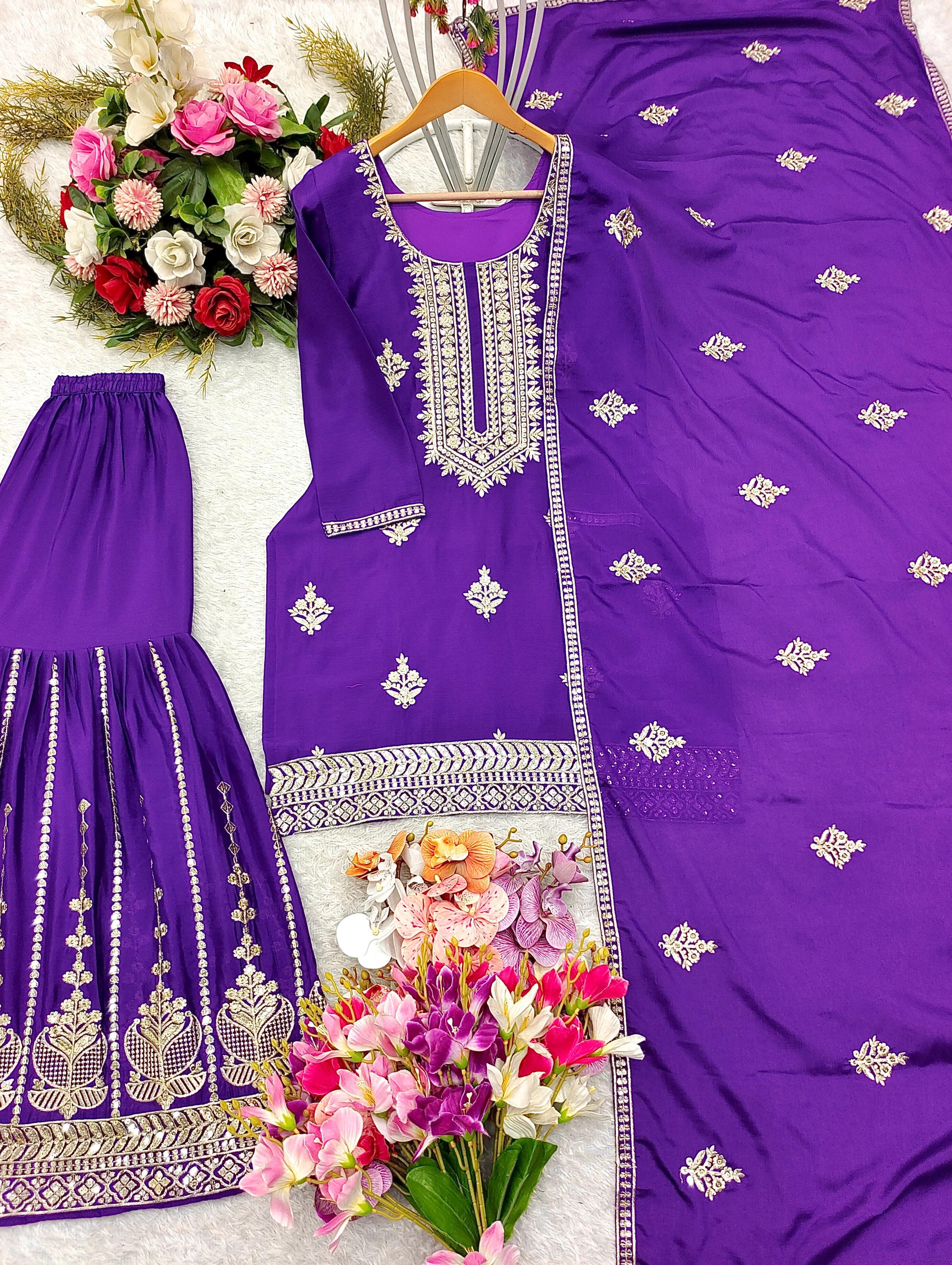 Product Image - Designer Pure Cinon Top-Sarara-Dupatta Set - Fully Stitched Ethnic Wear