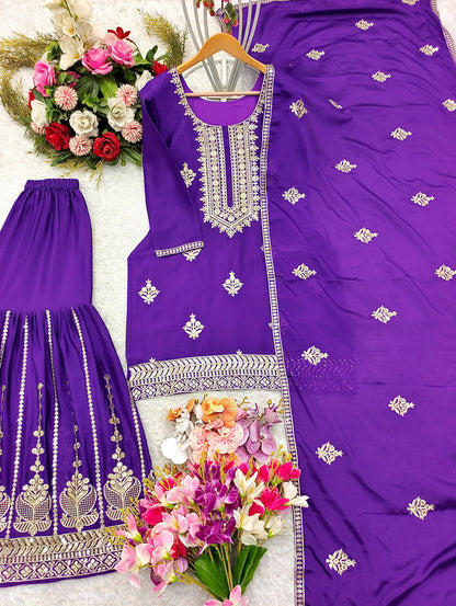 Product Image - Designer Pure Cinon Top-Sarara-Dupatta Set - Fully Stitched Ethnic Wear