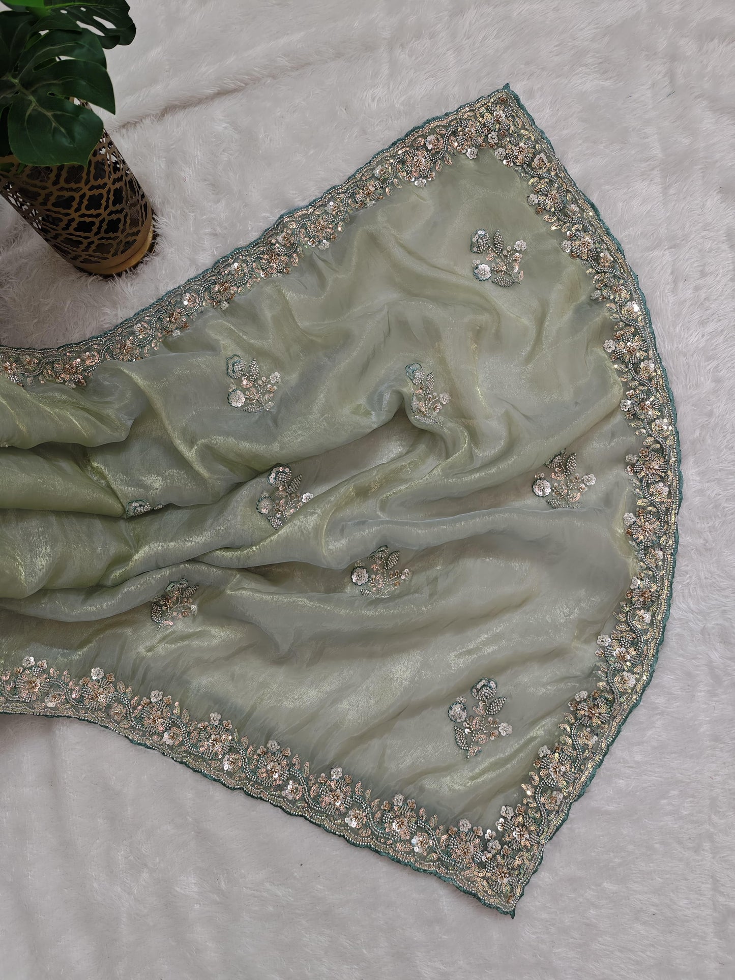 Product Image - Mint Color Shimmer Glass Organza Saree