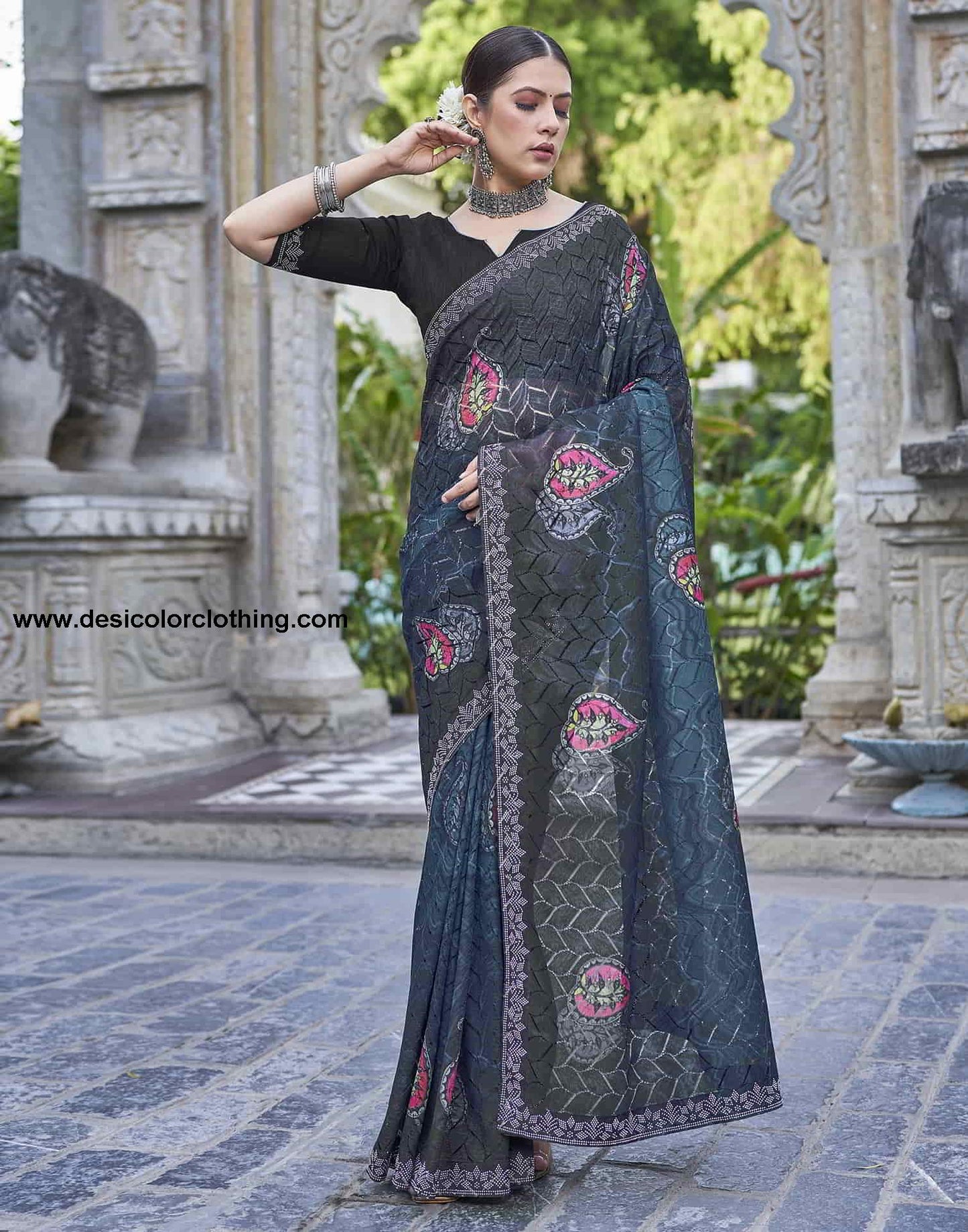 Blue Printed Net Stone Work Saree