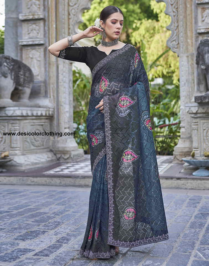 Blue Printed Net Stone Work Saree
