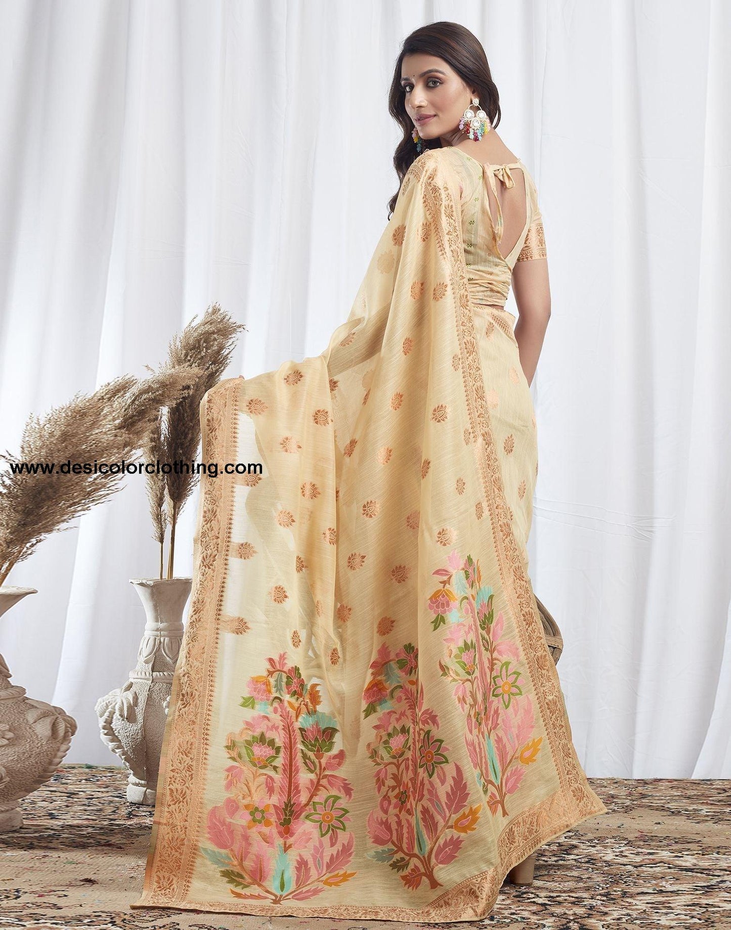Cream Jacquard Linen Saree