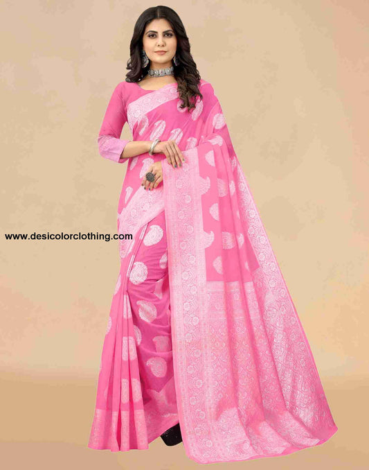 Pink Cotton Plain Saree
