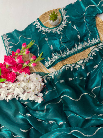 Product Image - Designer Zimmy Choo Silk Saree with Embroidered Border & Lehiriya Design