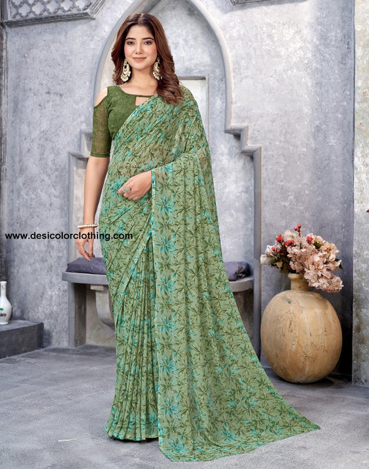 Dusty Green Georgette Printed Saree