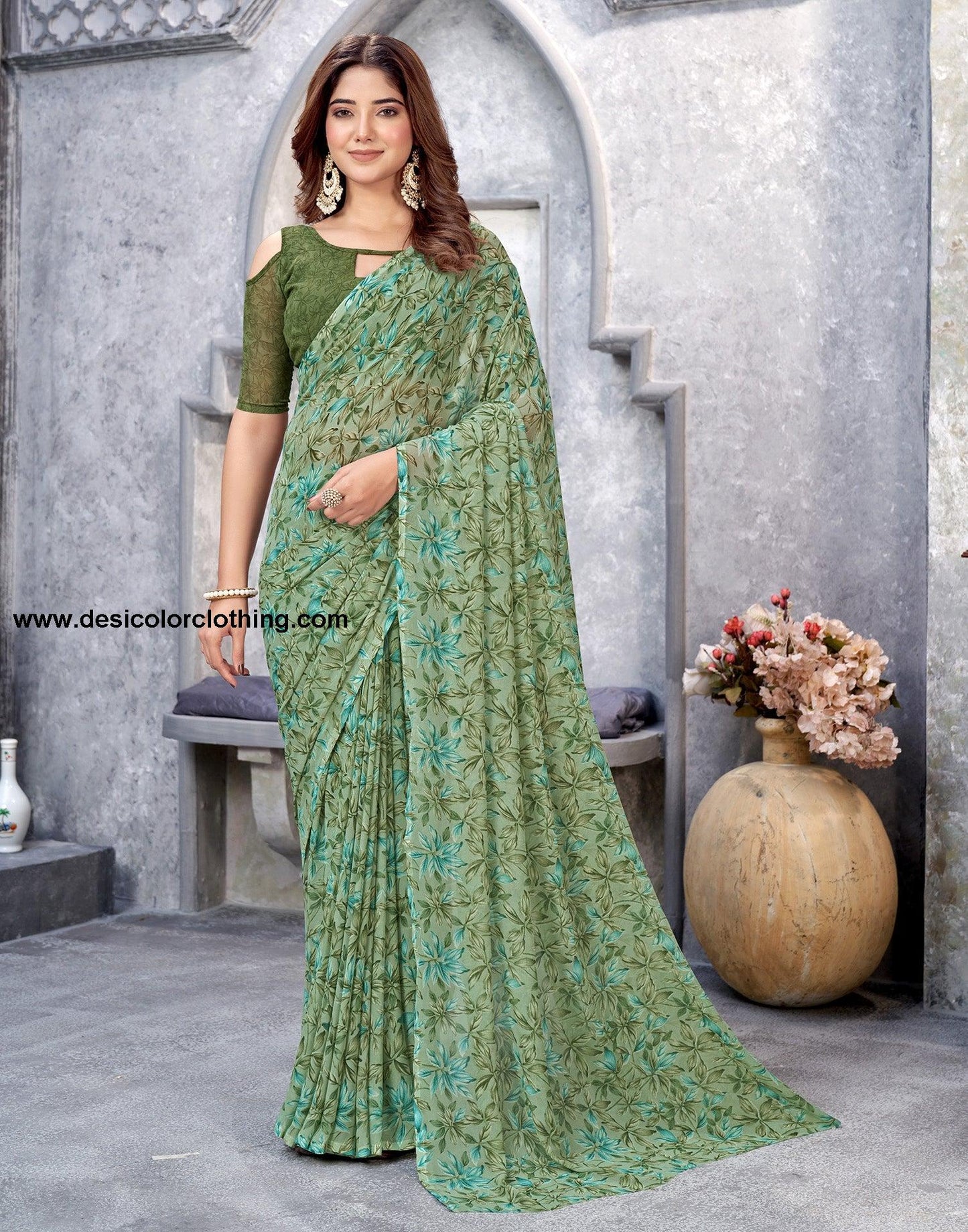 Dusty Green Georgette Printed Saree