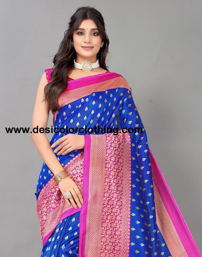 Blue Printed Silk Saree