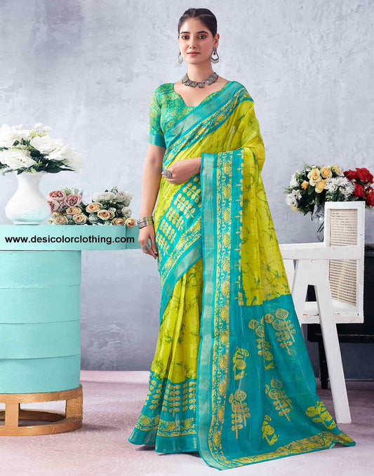 Blue Printed Cotton Zari Stripe Saree